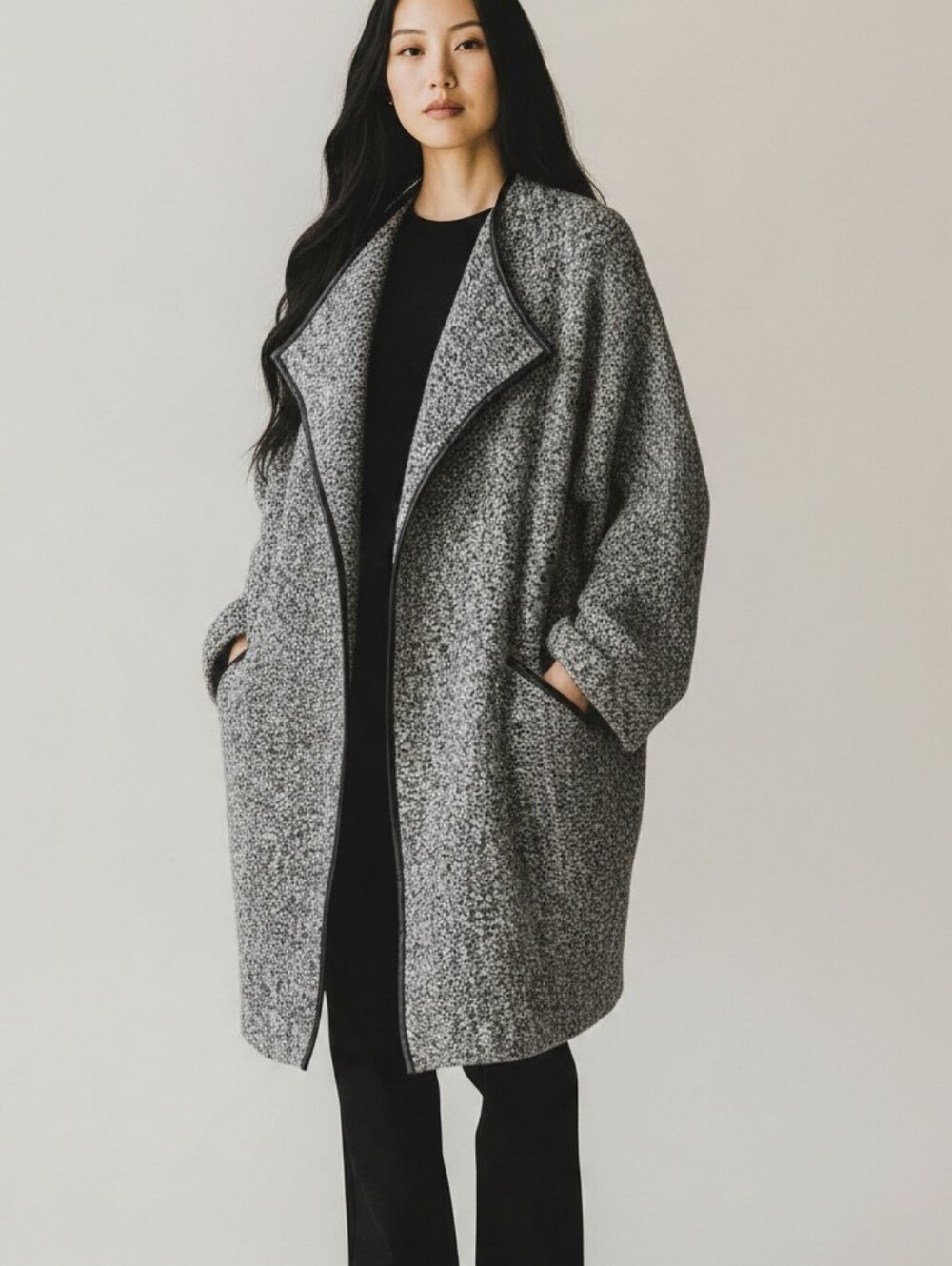 Zara heather gray open-front knit cardigan Sweater With Faux Leather Trim Size M